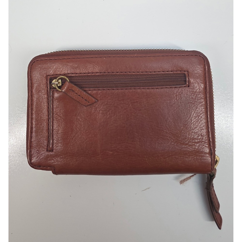 Fossil Logan Zip Around Clutch Wallet Tan Brown Pebbled Leather Gold Tone - Picture 2 of 5